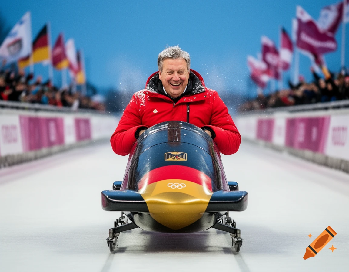 A smiling man in a red jacket rides a bobsled with a German flag and Olympic rings down an icy track, with blurred spectators in the background.