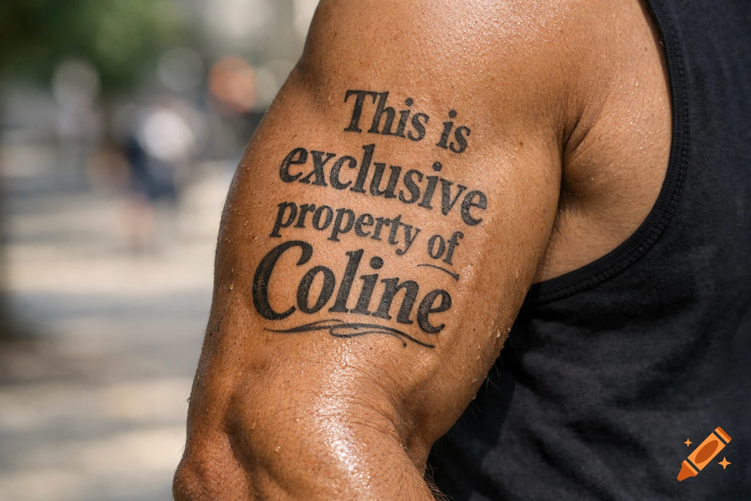 A close-up shot of a man's bicep with a tattoo that reads 'This is exclusive property of Coline', sweat visible on the skin.