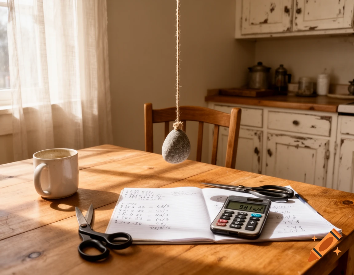 A sunlit rustic kitchen table with a mug, scissors, notebook, calculator displaying 9.81 m/s2, and a rock suspended by twine.
