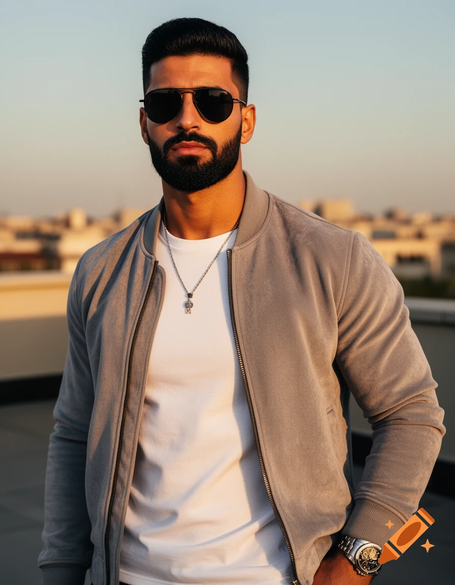 A handsome man with a beard and sunglasses, wearing a grey bomber jacket and white t-shirt, stands on a rooftop in golden hour light. Photorealistic portrait.