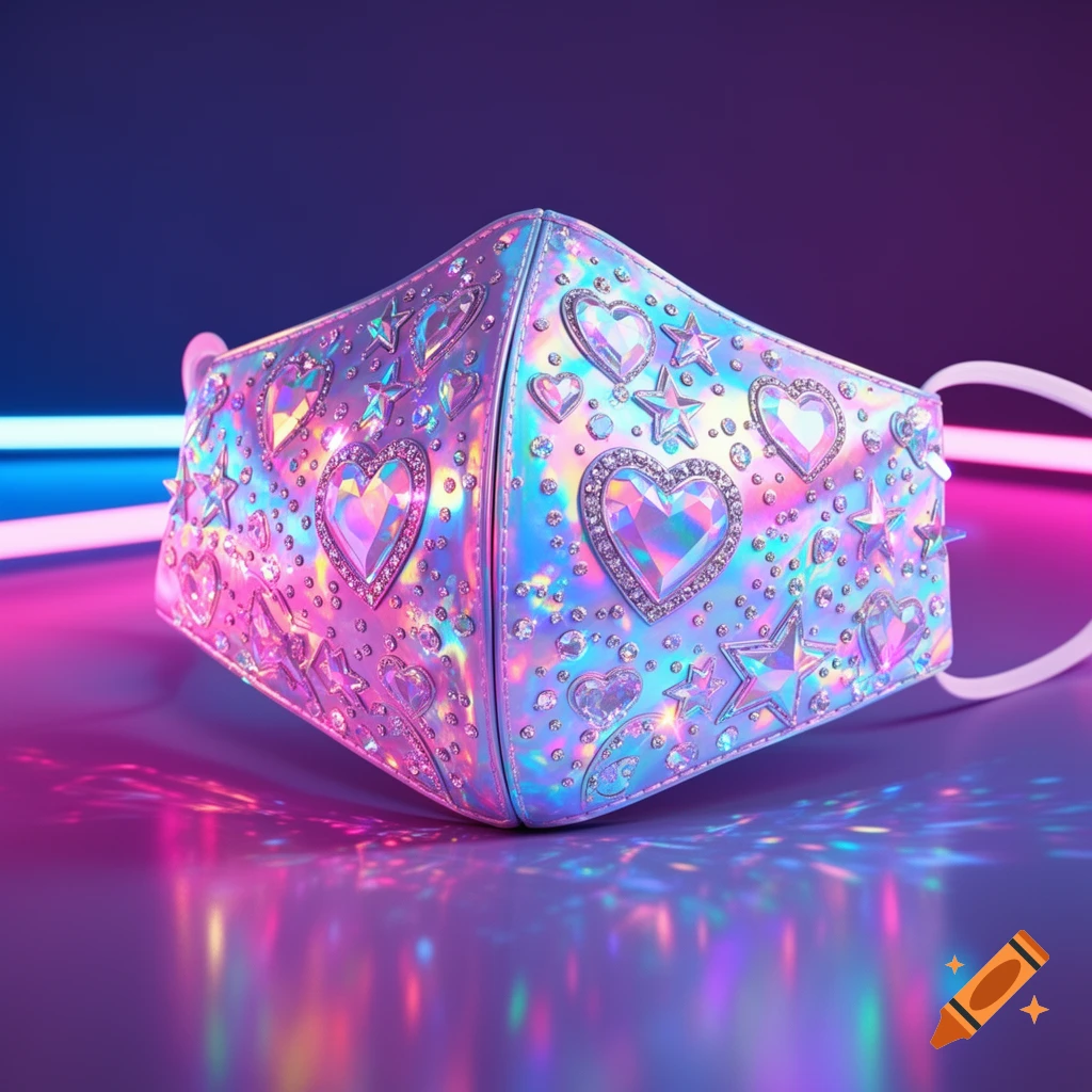 A shimmering holographic K-pop inspired face mask adorned with sparkling heart and star crystals, reflecting neon pink and blue light.