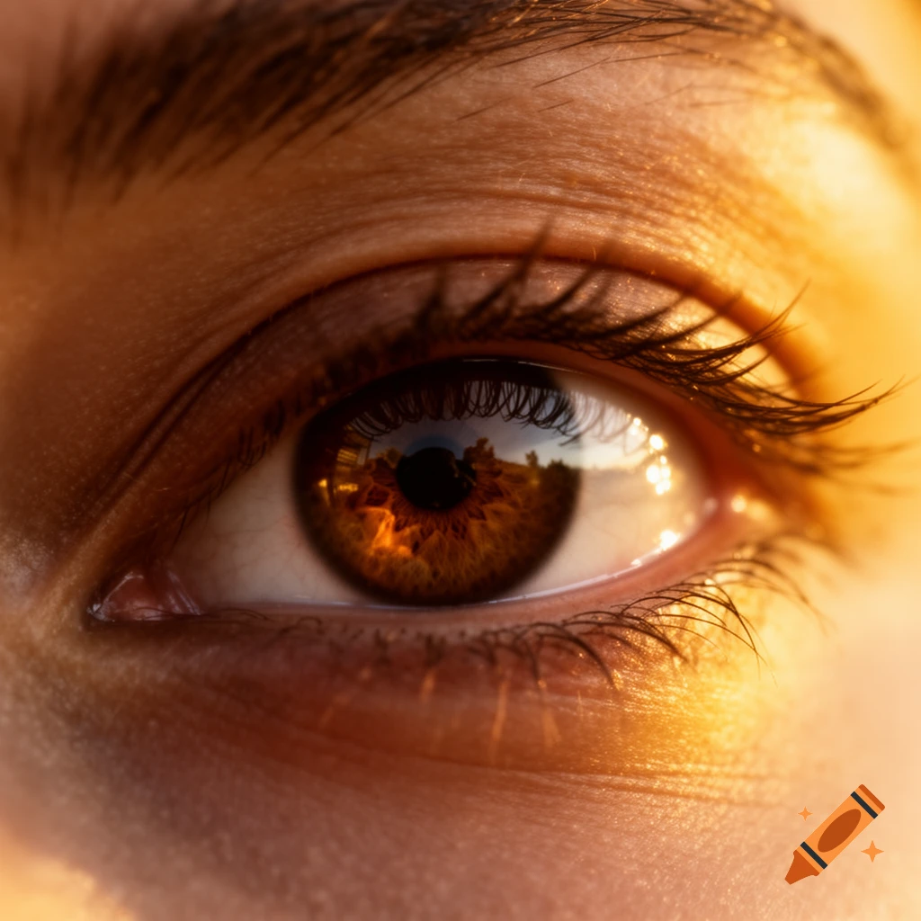 Extreme close-up of a brown eye with a glint of golden sunlight reflecting in the pupil.
