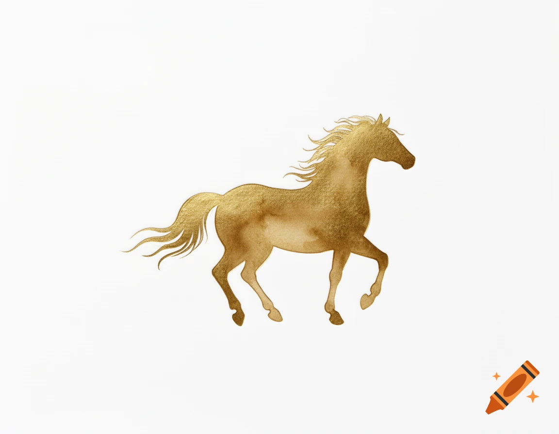 A golden watercolor silhouette of a horse standing on a white background.