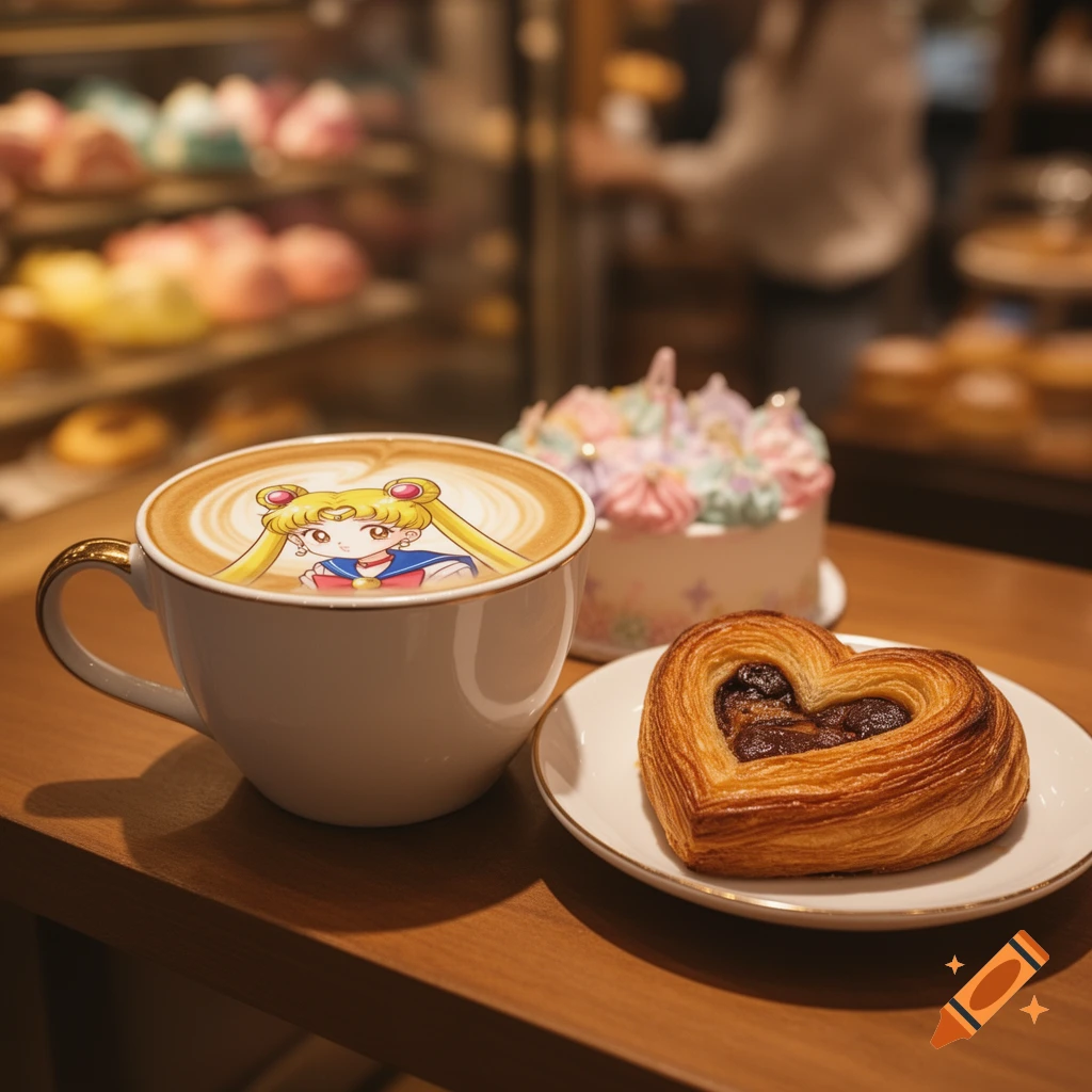 Photorealistic image of a white coffee cup with Sailor Moon latte art, a small pastel cake, and a heart-shaped pastry on a wooden table in a bakery.