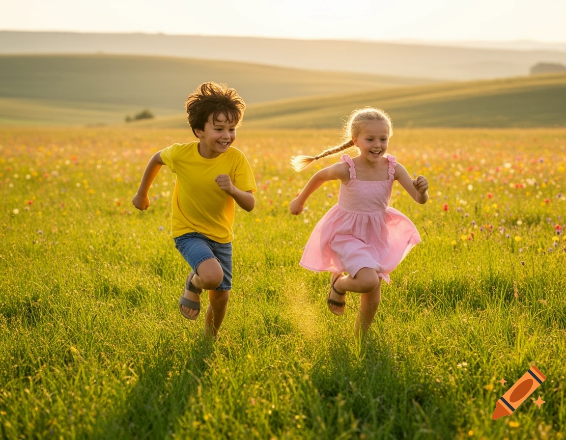 A young boy and girl happily running through a sunlit field filled with wildflowers.