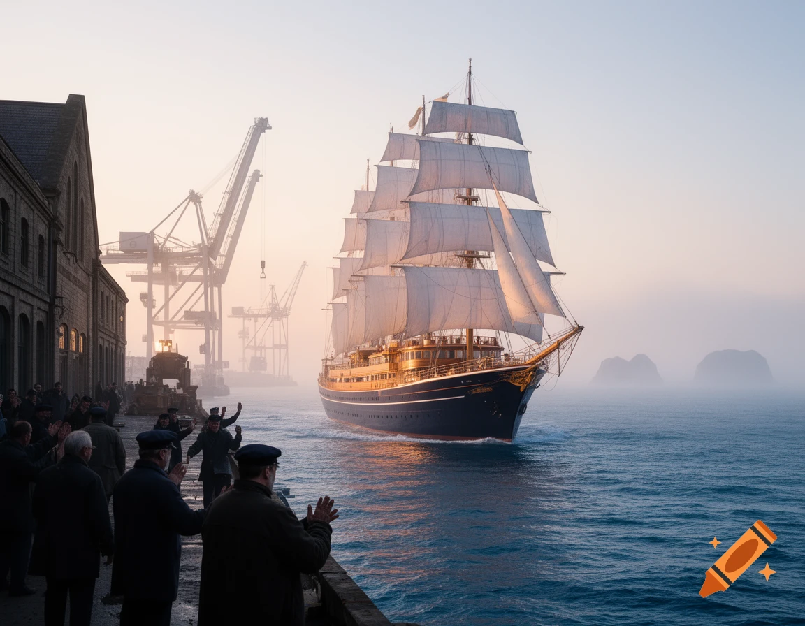 A large, dark blue sailing ship with white sails departs a misty port as people wave from the dock at sunrise.