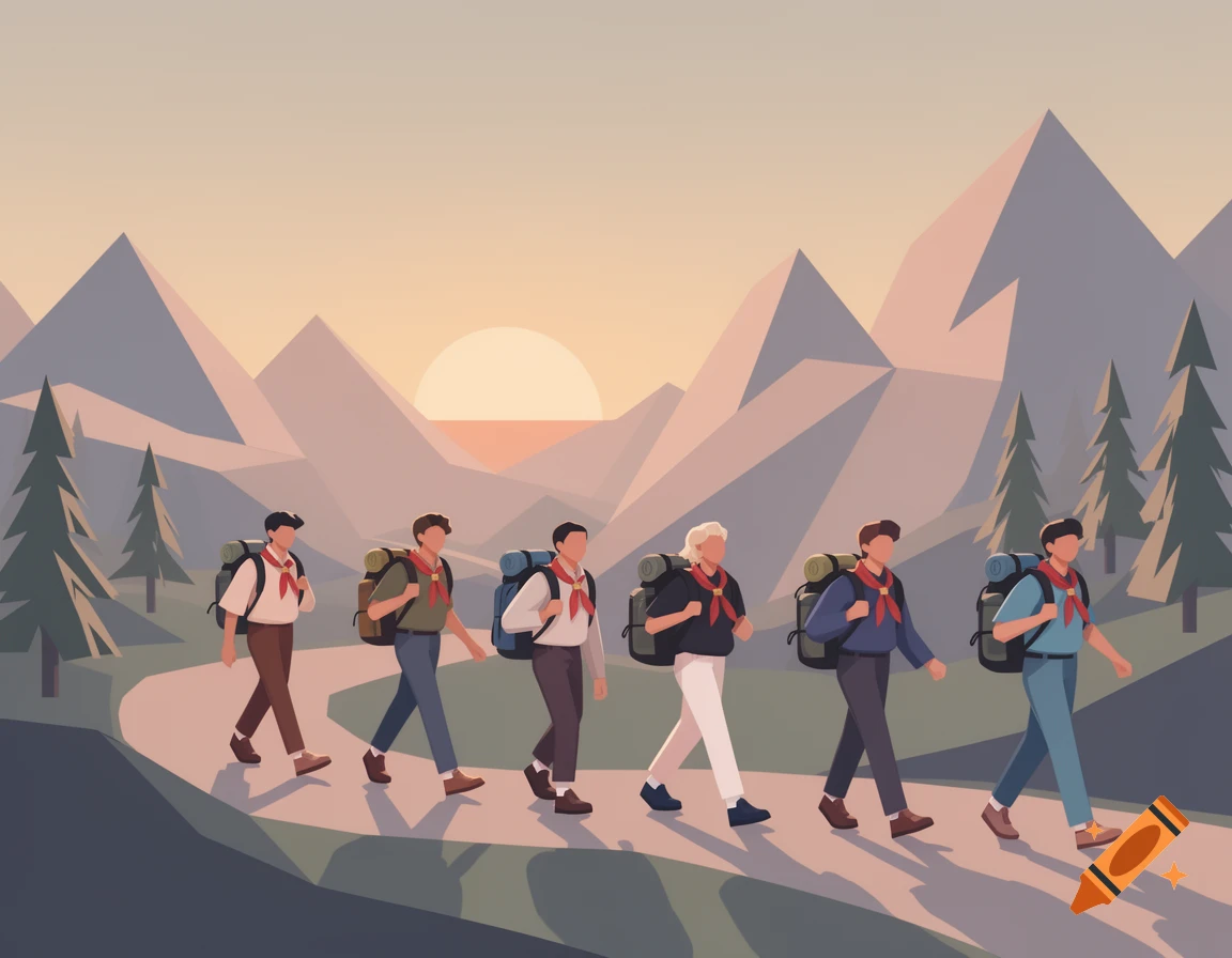 Six stylized hikers with backpacks and scout neckerchiefs walk along a winding mountain trail at sunset, with geometric mountains and pine trees.