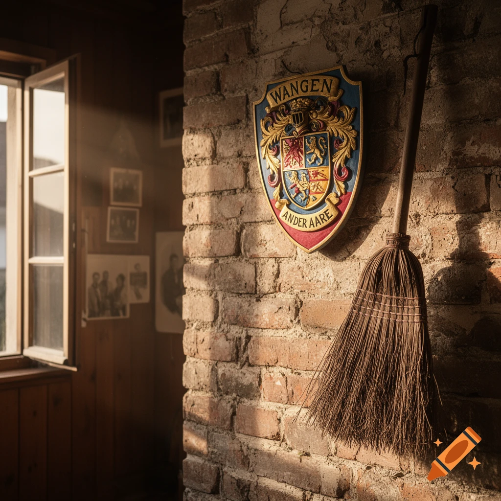 Photorealistic image of a "Wangen an der Aare" coat of arms on a brick wall next to a broom and a sunlit open window.