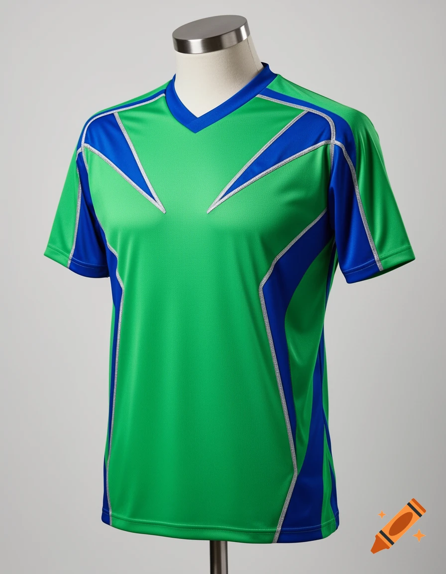 Photorealistic kelly green and royal blue jersey with silver accent designs on a mannequin.