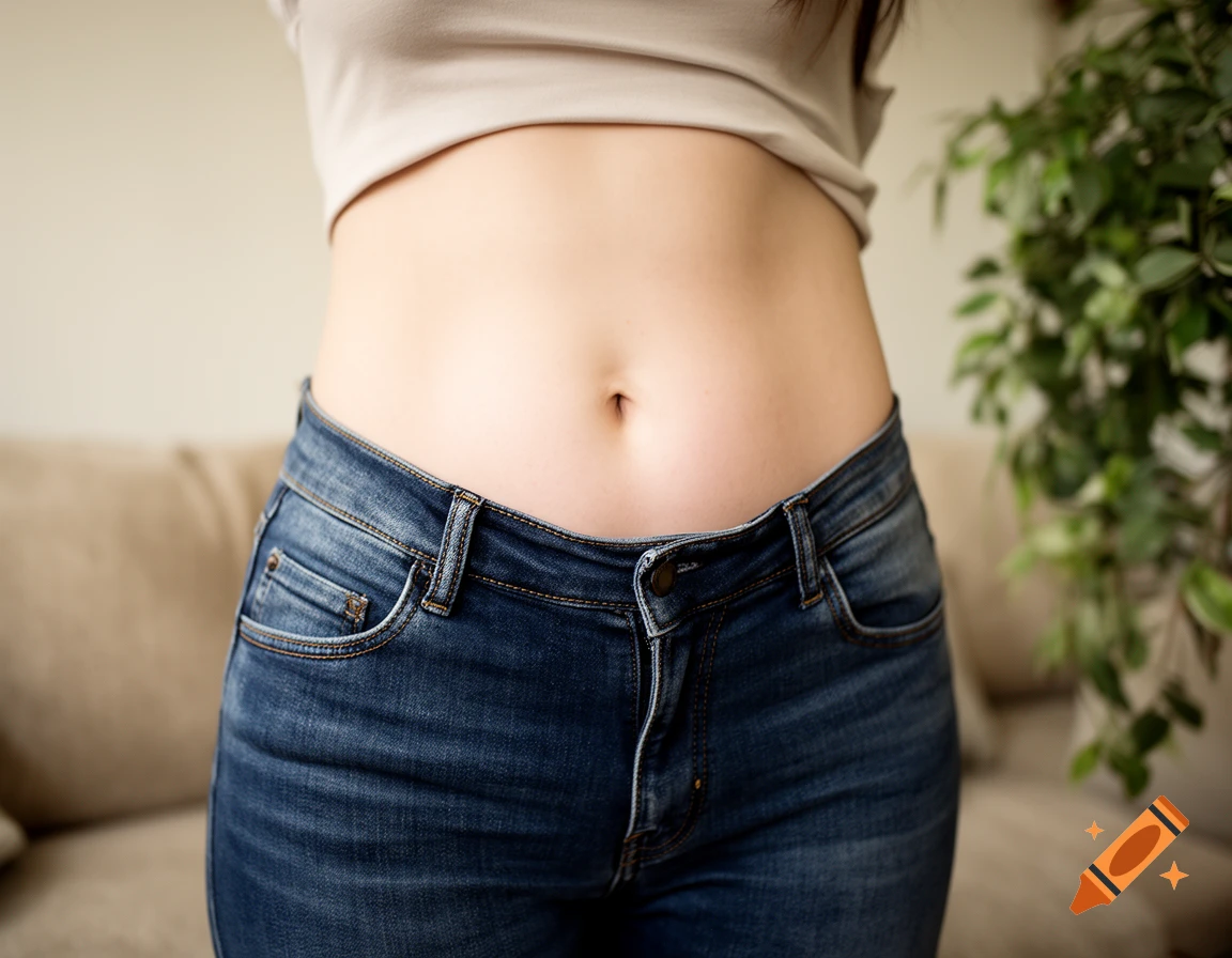 Close-up of a woman's midriff wearing blue jeans and a beige crop top, showing her belly button in a photorealistic style.