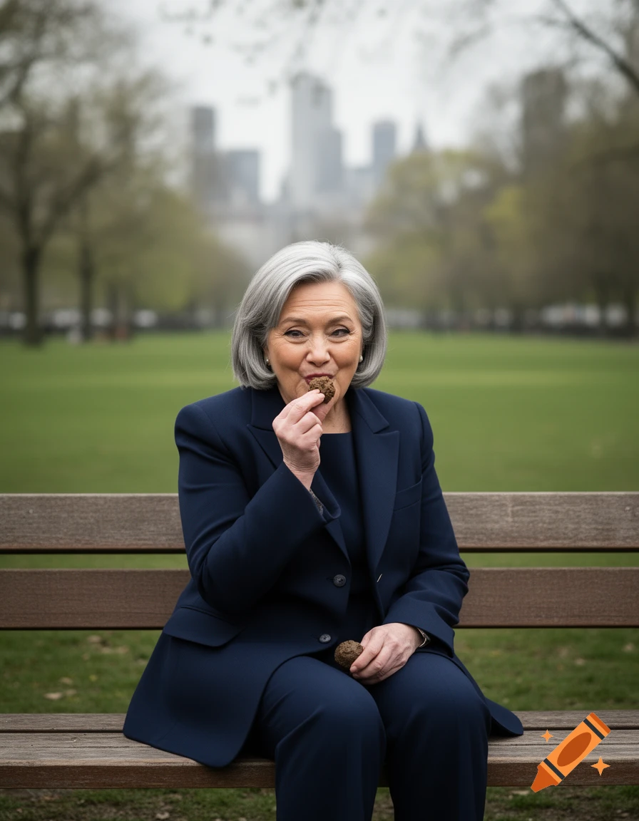 A woman with short grey hair in a navy suit sits on a park bench, eating a dark, round food item with a cityscape in the blurry background.