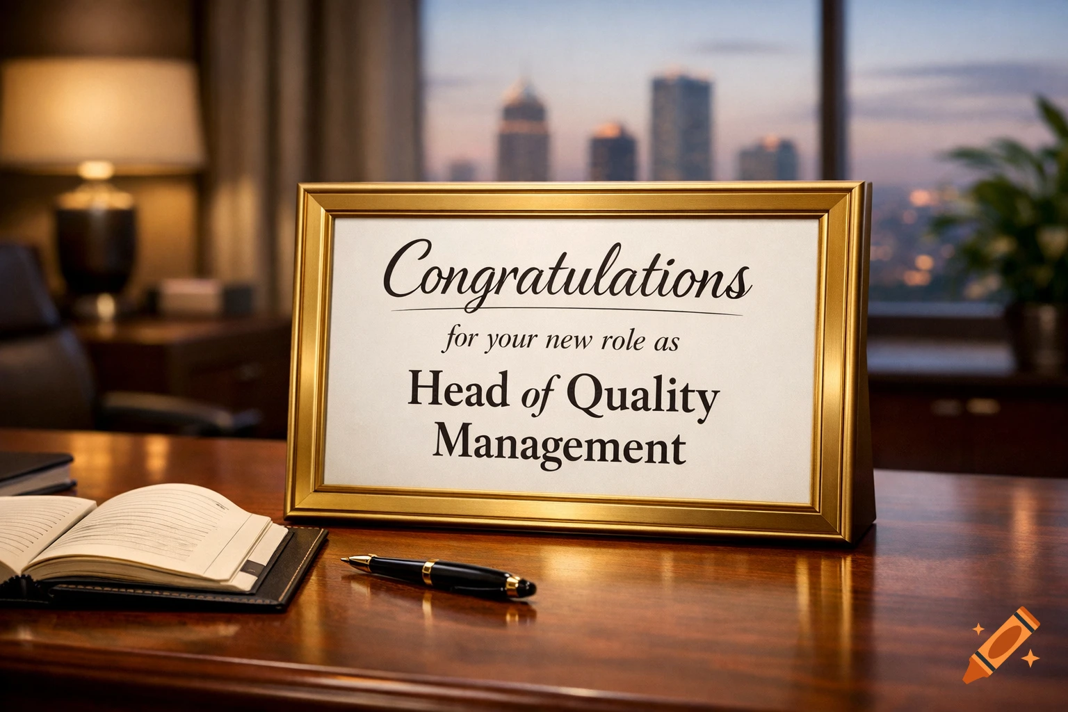 Framed 'Congratulations for your new role as Head of Quality Management' certificate on a wooden desk with a pen and city view.