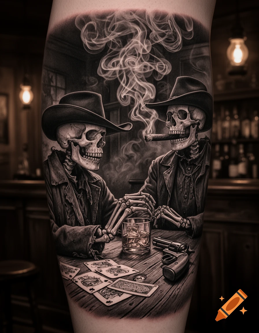 Black and grey tattoo of two skeletal cowboys in a saloon, playing cards, drinking whiskey, and smoking cigars.