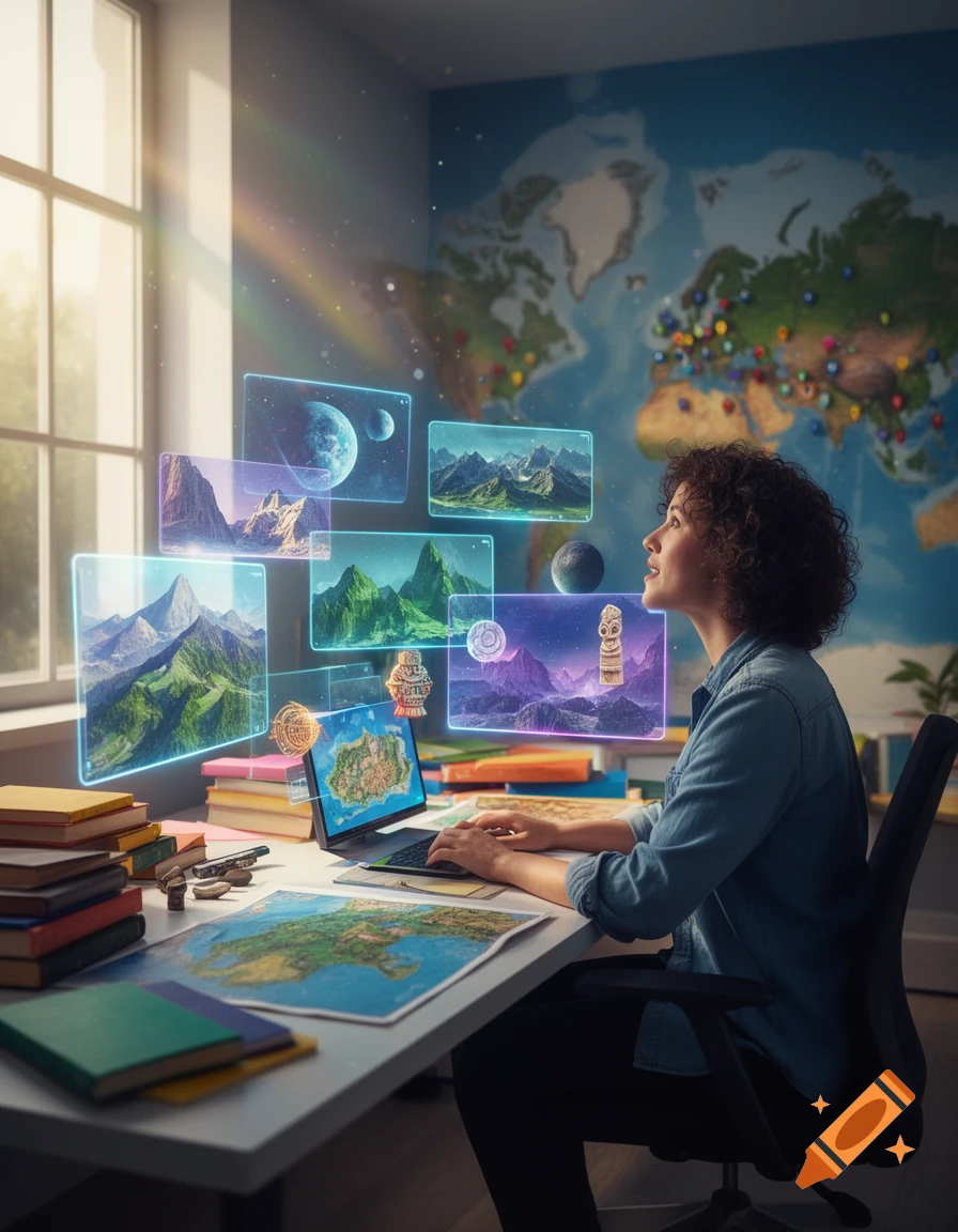 A person sits at a desk, looking up at futuristic holographic screens displaying planets and landscapes, with books and maps on the desk.