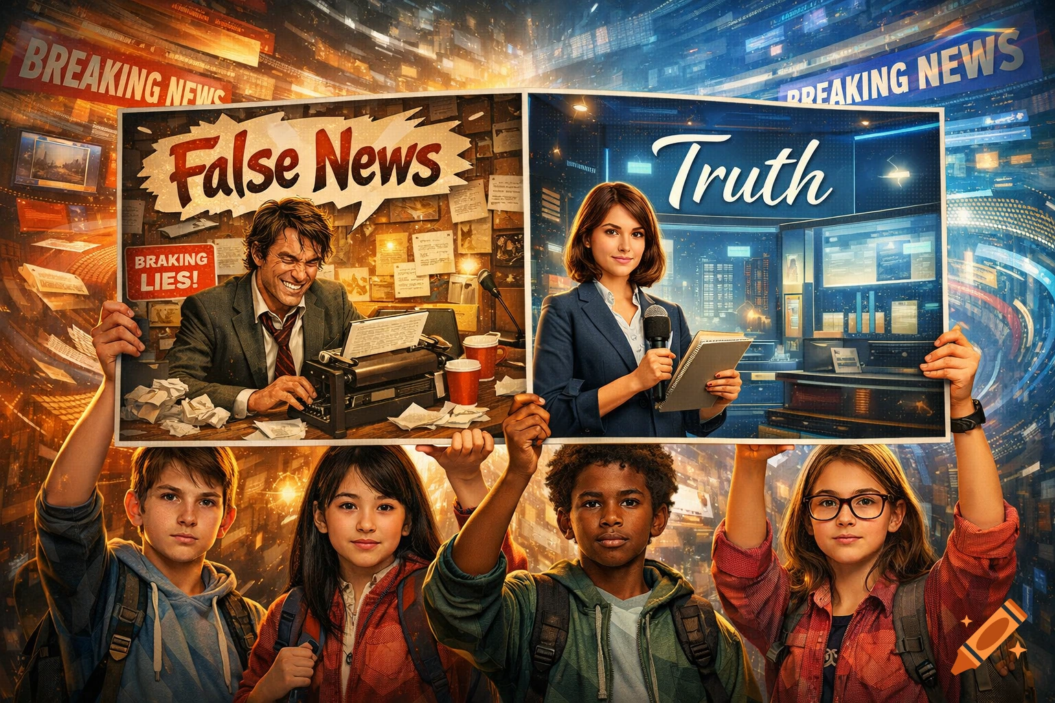 Four diverse students hold up posters depicting a man creating 'False News' and a woman reporting 'Truth' against a busy news background.