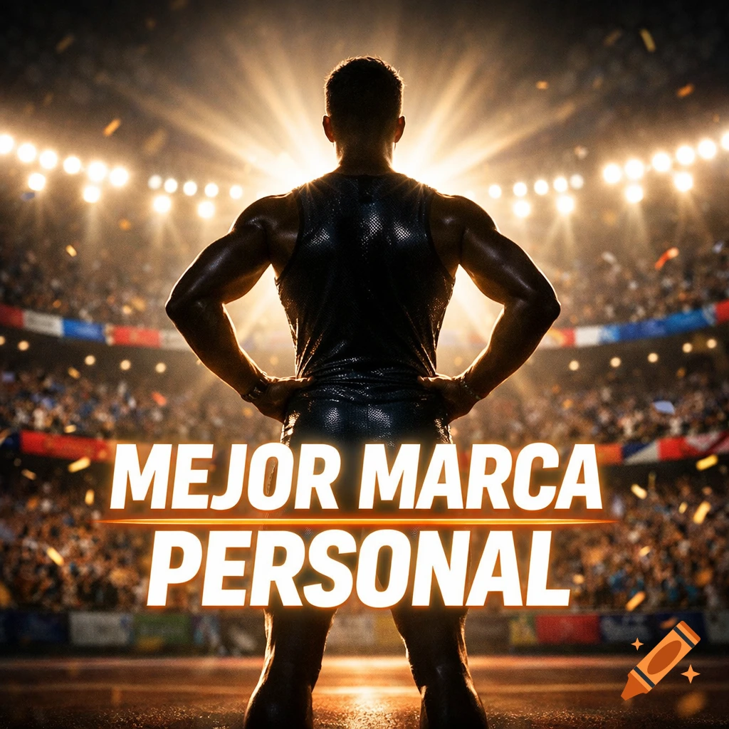 A muscular athlete stands on a track in a brightly lit stadium, facing away from the viewer, with text "MEJOR MARCA PERSONAL" overlaid.