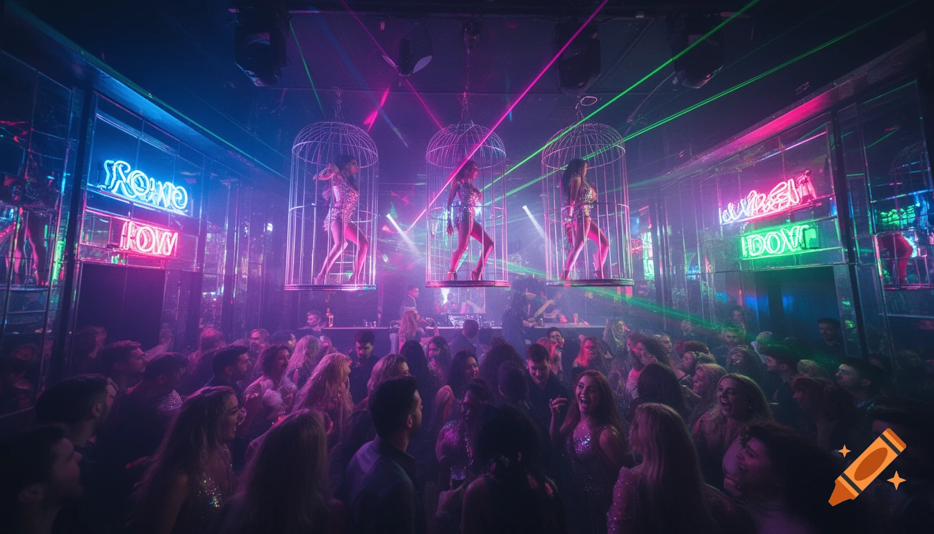 A vibrant nightclub scene with three female dancers performing in hanging cages, surrounded by a lively crowd and neon lights.
