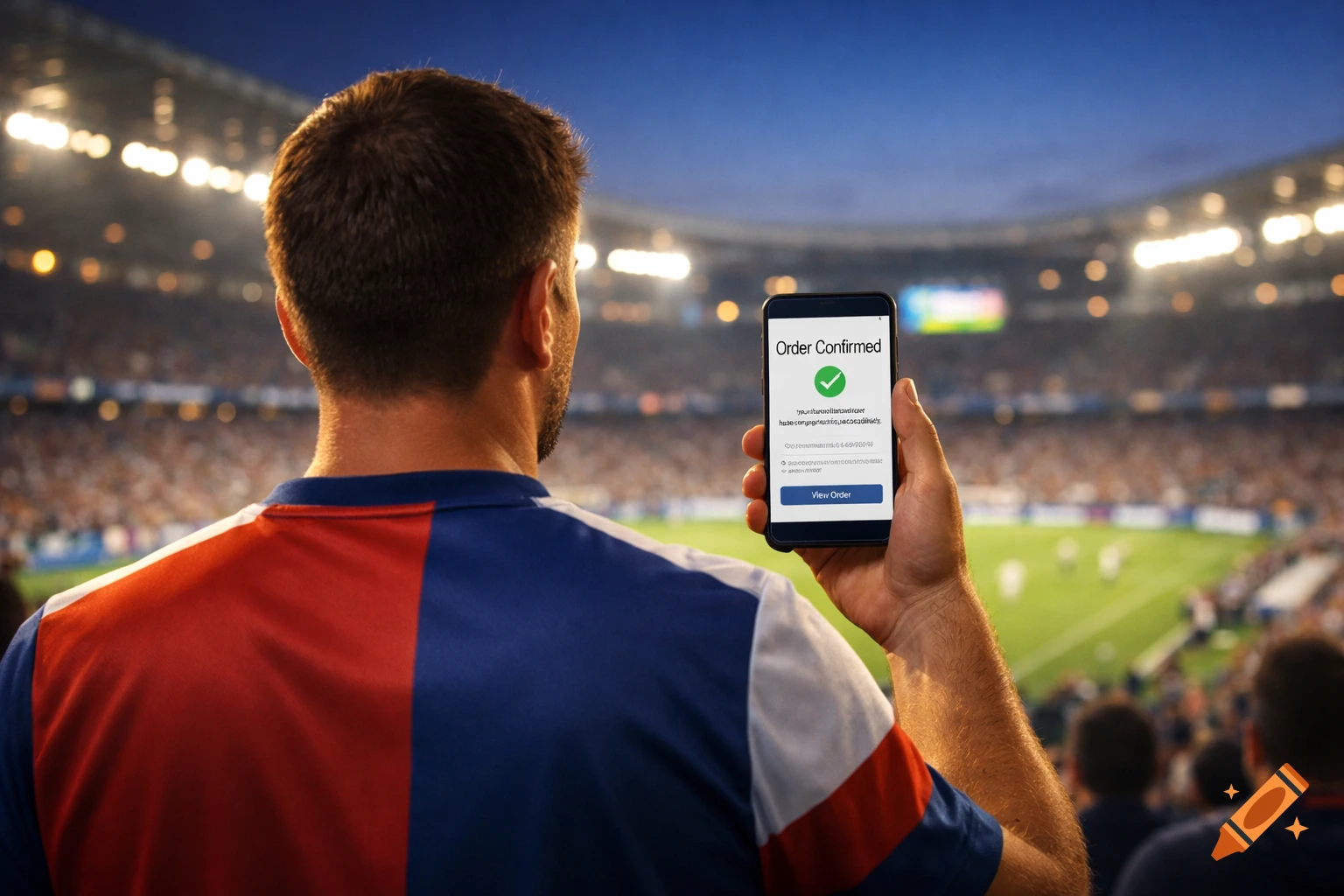 Rear view of a soccer fan in a stadium holding a smartphone with an order confirmed screen. Photorealistic.