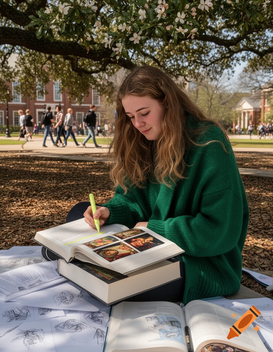 A young woman with long wavy hair sits on a campus lawn, highlighting a book with art history paintings and sketches while studying outdoors.
