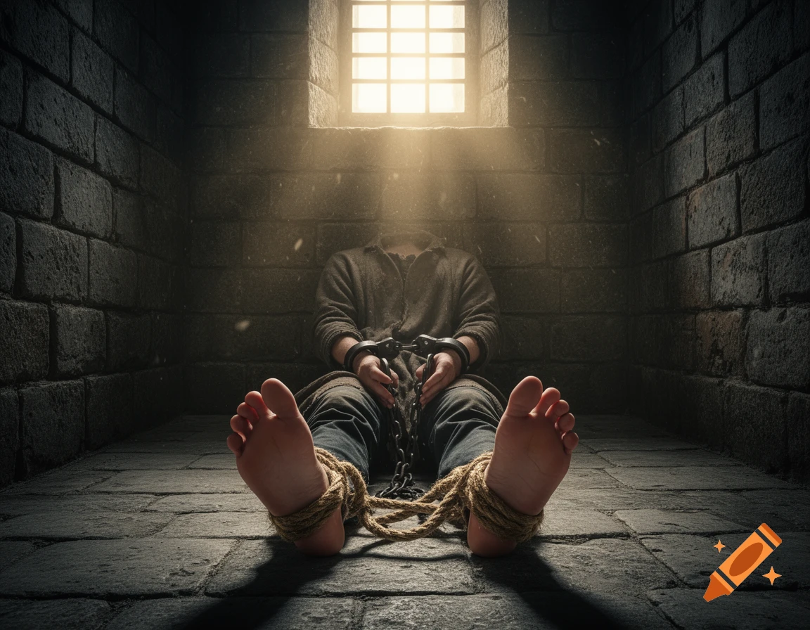 A bound person sits on the floor of a dark dungeon cell, illuminated by light from a barred window.