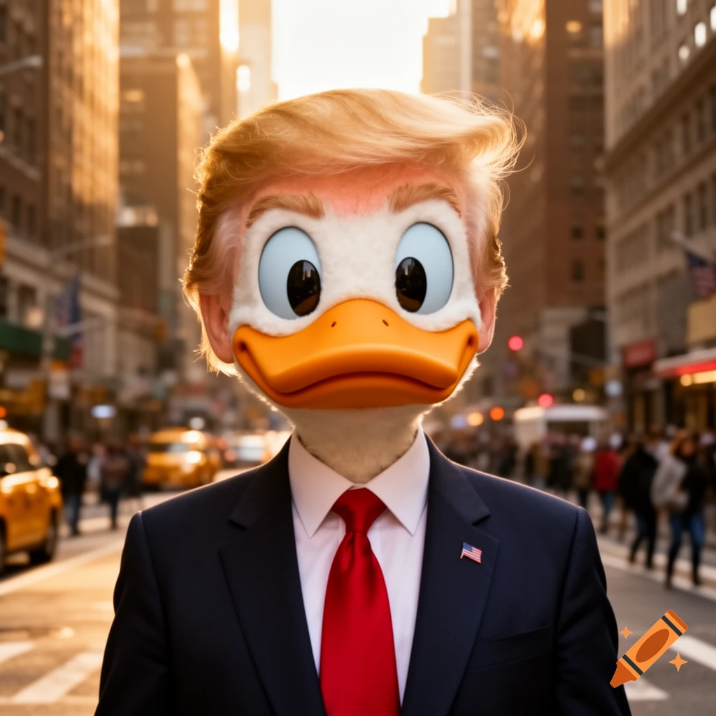 Photorealistic hybrid character with Donald Duck's head, Donald Trump's hair, in a suit and red tie, on a sunny city street.