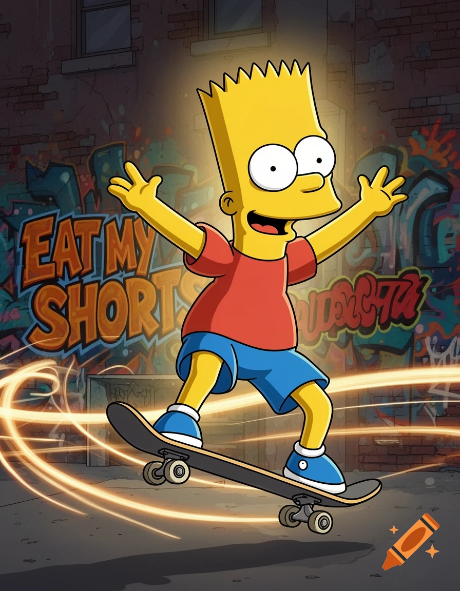 Bart Simpson skateboards in a cartoon style against a graffiti-covered brick wall with glowing light effects, 'EAT MY SHORT' visible.