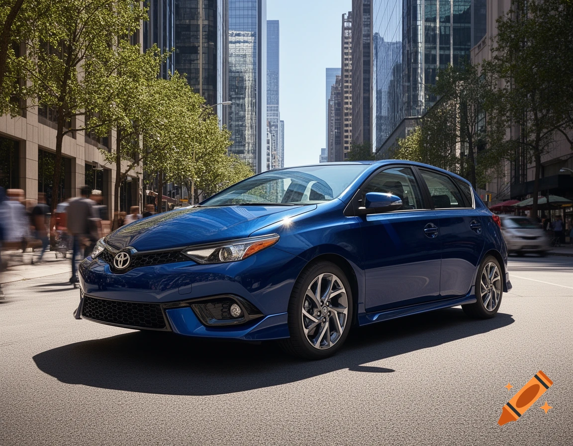 A blue Toyota Corolla iM hatchback car parked on a city street with blurred people and buildings.