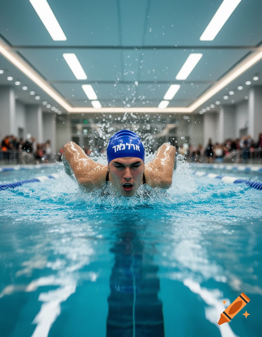A swimmer in a blue cap executes a butterfly stroke in a brightly lit indoor pool, water splashing around them.