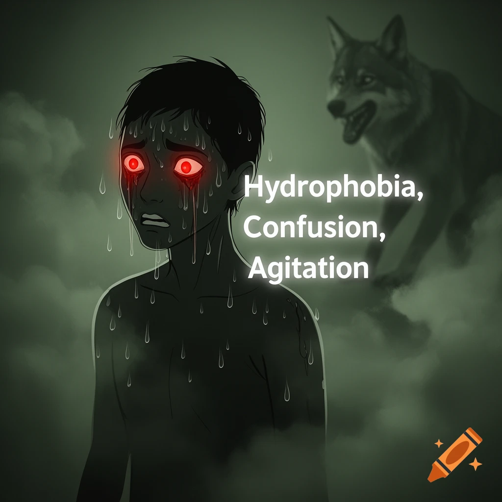 A distressed person with glowing red eyes and sweat on their face stands in a dark, misty setting, with a blurry wolf in the background. Text reads "Hydrophobia, Confusion, Agitation."