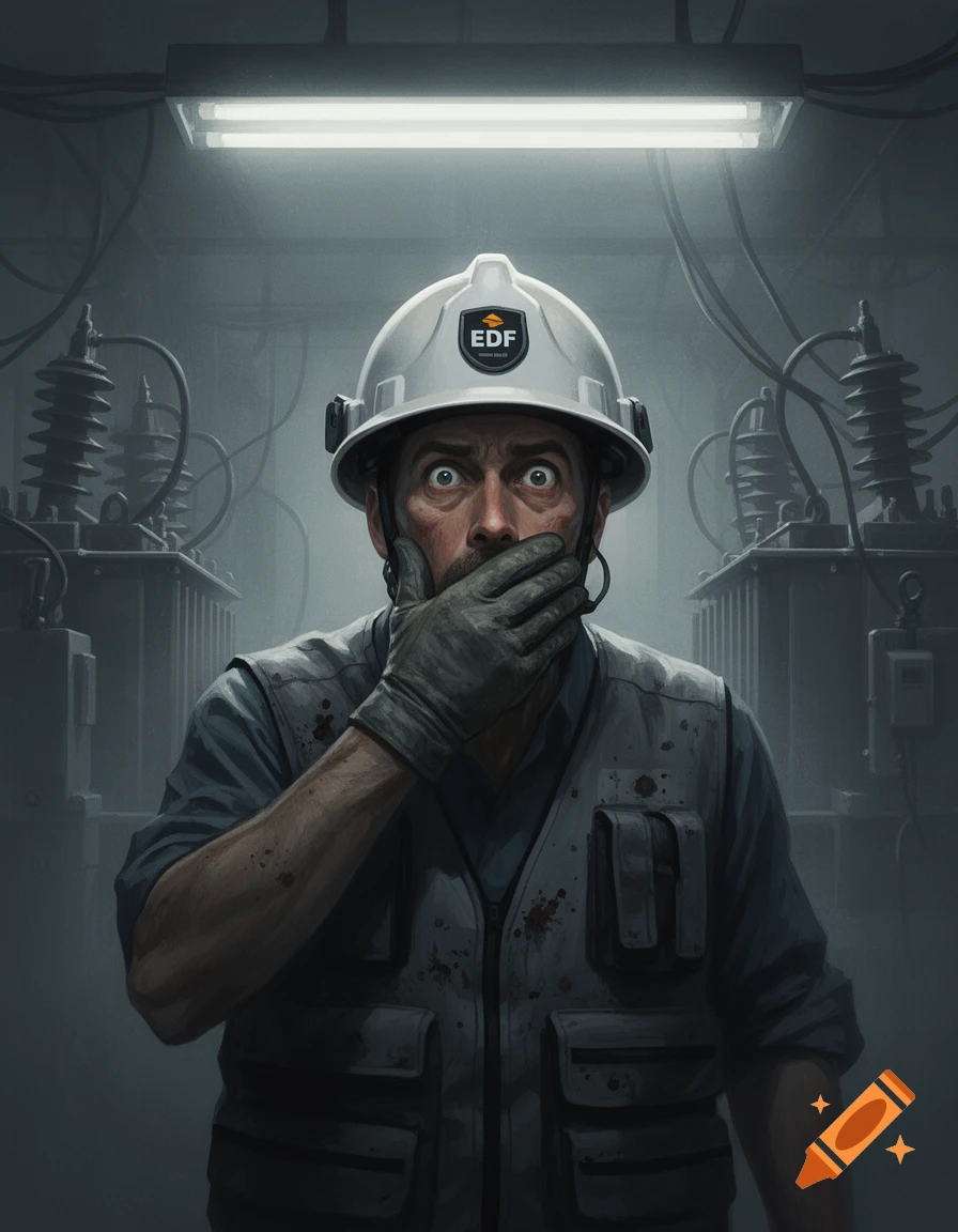 Scared technician in an EDF hard hat and bloody vest covers his mouth in a dark industrial setting, horror film style.