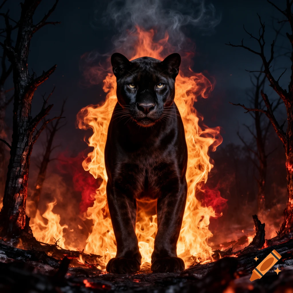 A powerful black panther stands in a raging forest fire at night, with ...