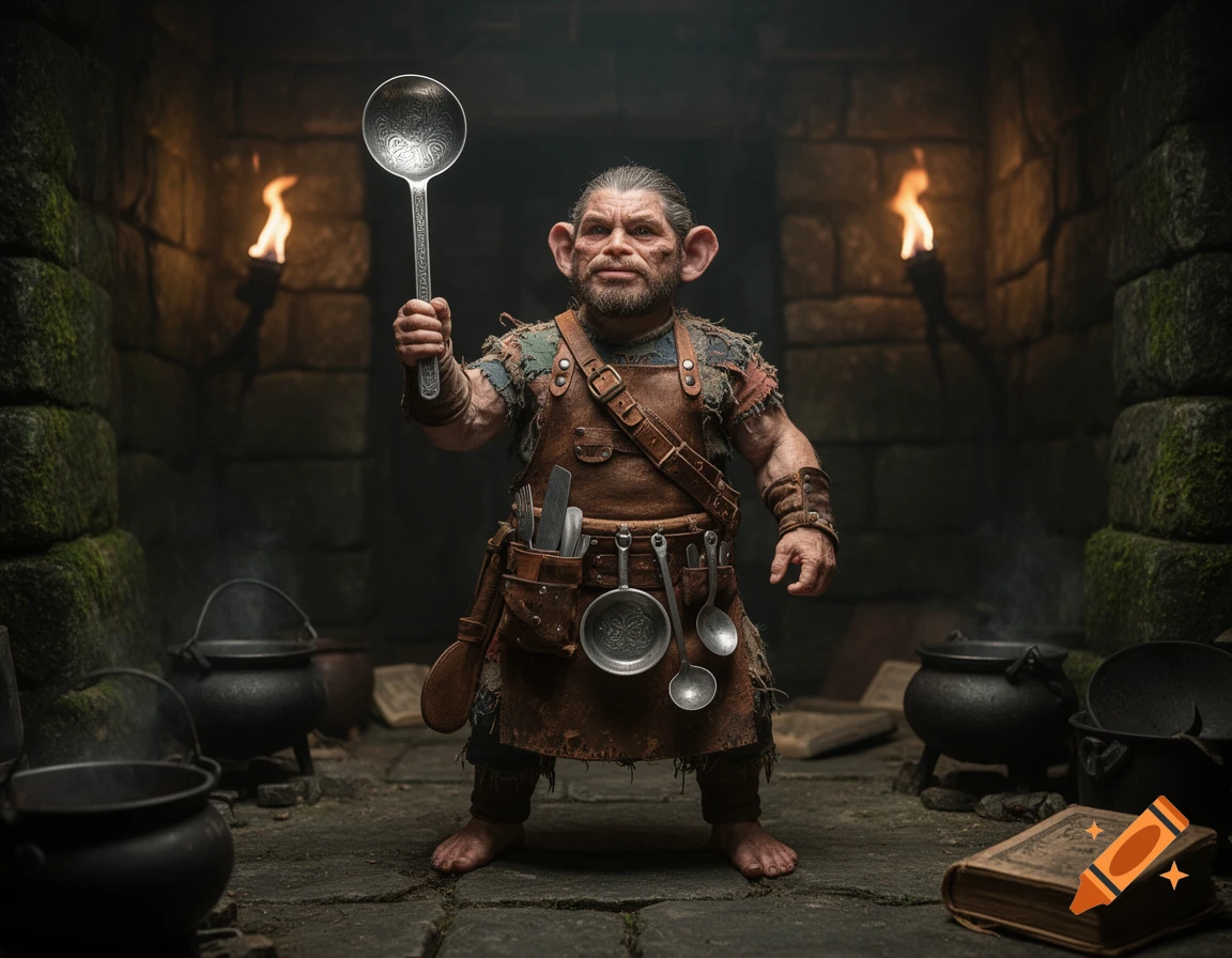 A small, muscular fantasy creature with large ears and a beard wears a leather apron in a torchlit dungeon, holding an ornate spoon aloft. Pots and a book lie on the stone floor.