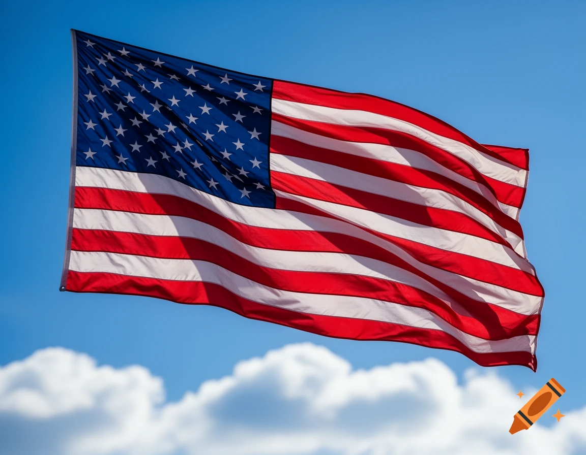 An American flag waves proudly against a clear blue sky with white clouds.