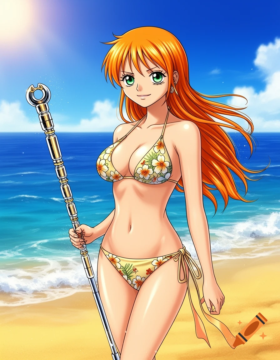 Anime illustration of Nami in a floral bikini holding a staff on a sunny beach.