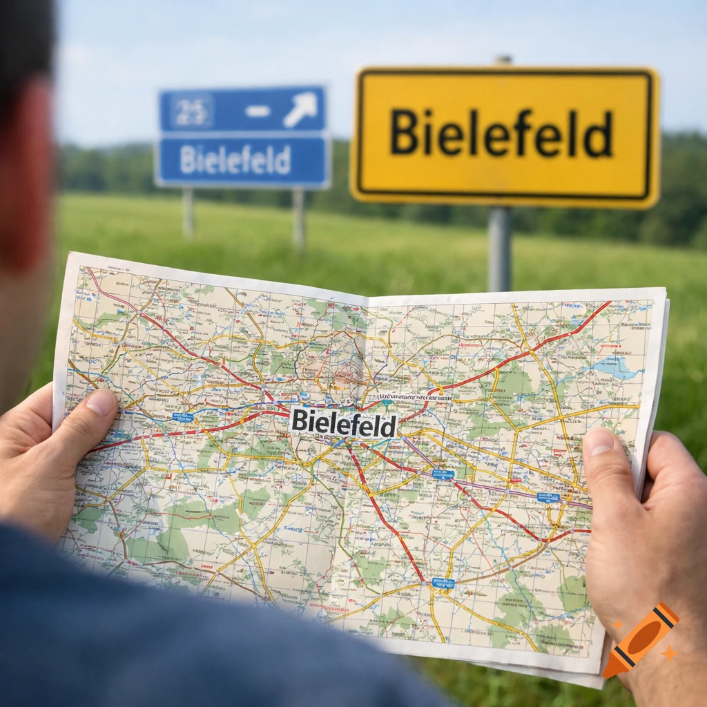 Over-the-shoulder view of a person holding a road map, focusing on Bielefeld, with blurry Bielefeld road signs in the background against a green field.