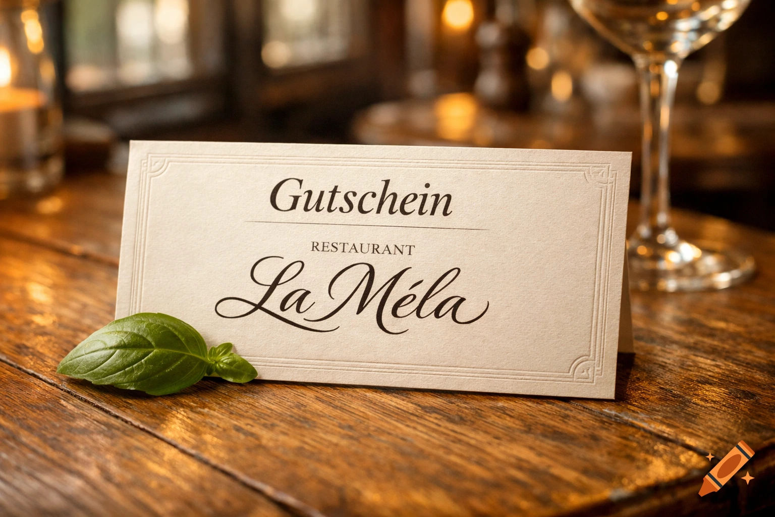 A cream-colored gift voucher for "Restaurant La Méla" with "Gutschein" on top, lies on a rustic wooden table with a basil leaf in a restaurant setting.