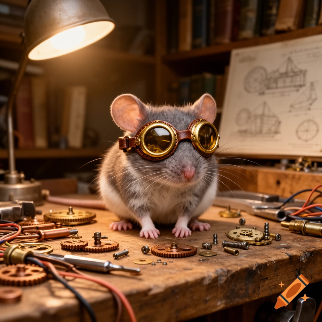 A photorealistic image of a small mouse wearing steampunk goggles ...