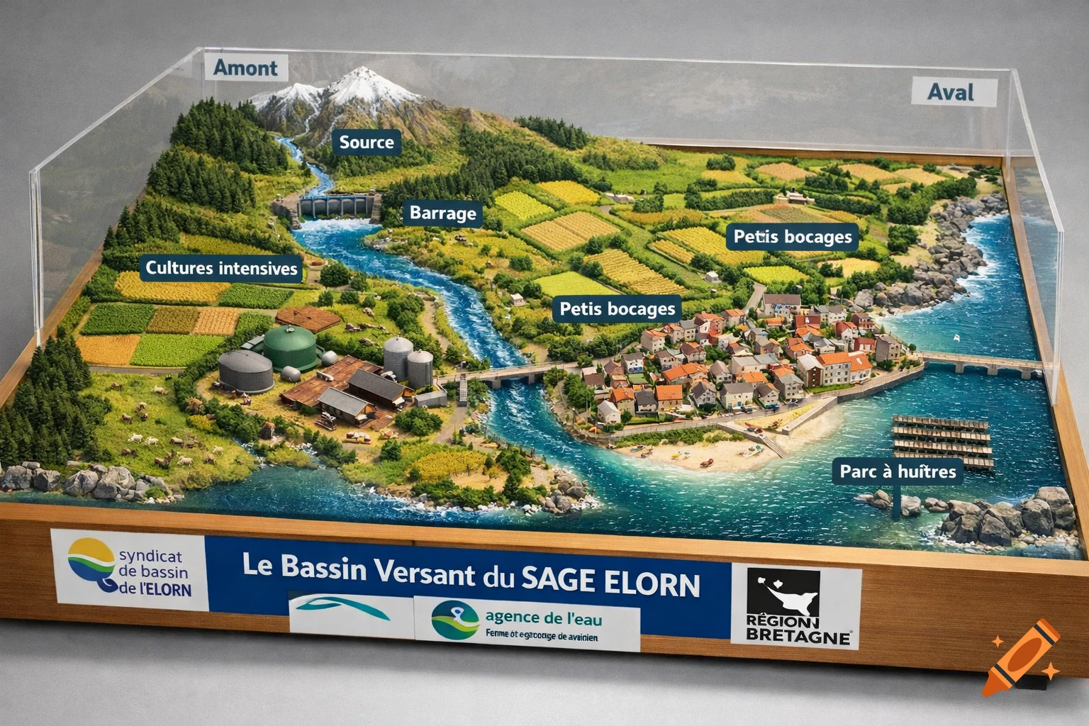 A detailed 3D model of a river basin with mountains, a dam, a river flowing through farmlands and a village, and emptying into the sea with a beach and oyster farms. Labels like 'Amont' and 'Aval' are visible.