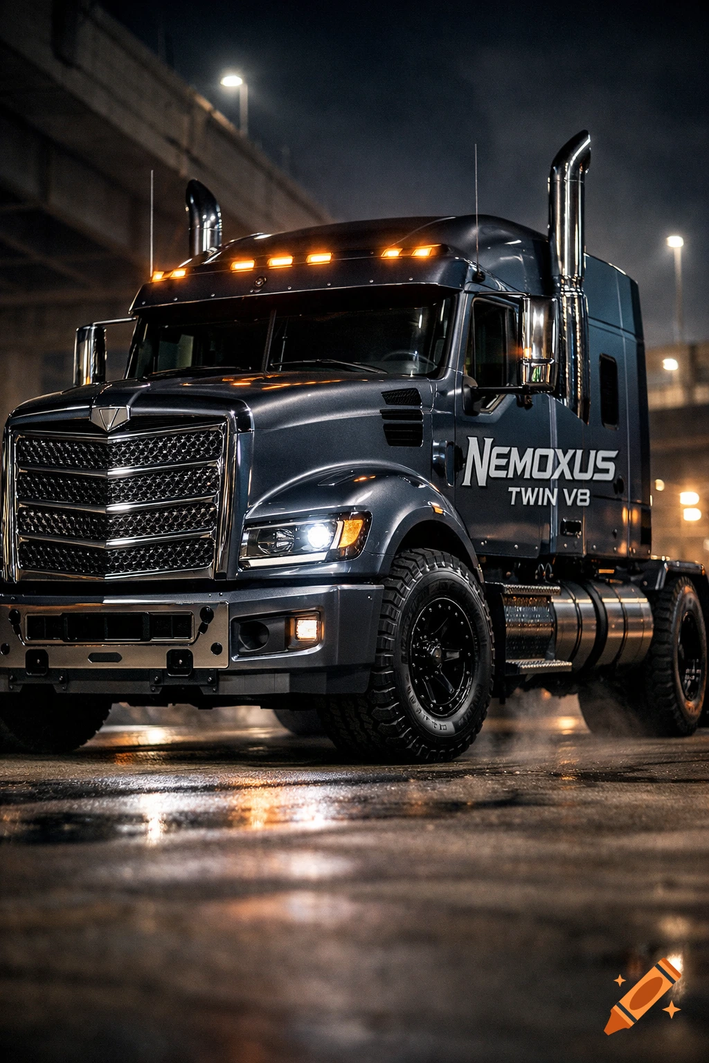 Photorealistic gray Nemoxus Twin V8 American semi-truck on a wet street at night, illuminated by streetlights.