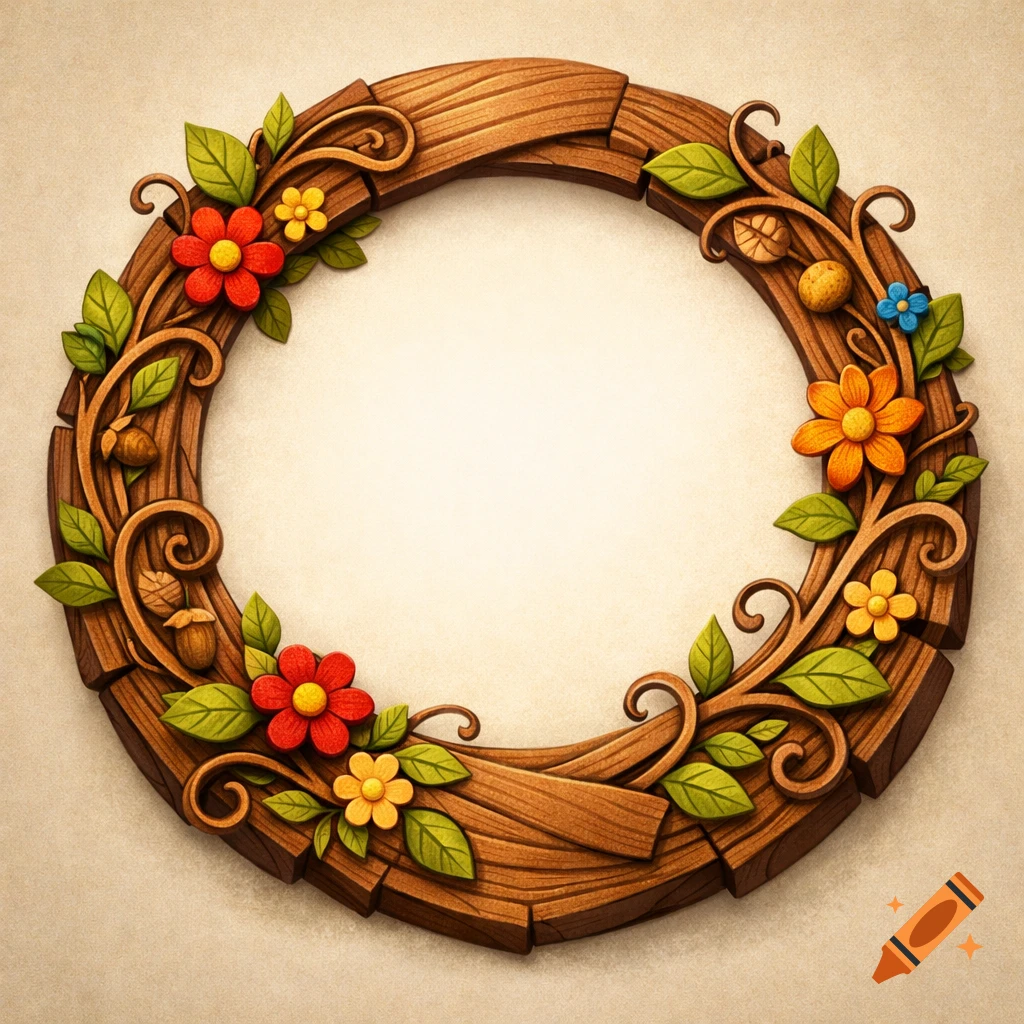 A decorative wooden wreath adorned with colorful flowers, green leaves, and acorns on a textured background.