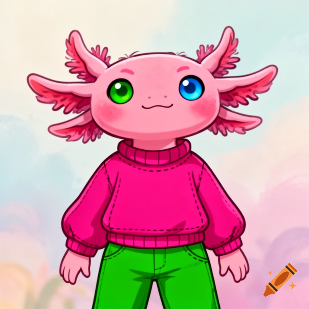 A bright pink cartoon axolotl wearing a pink sweater and green pants, with one green eye and one blue eye.