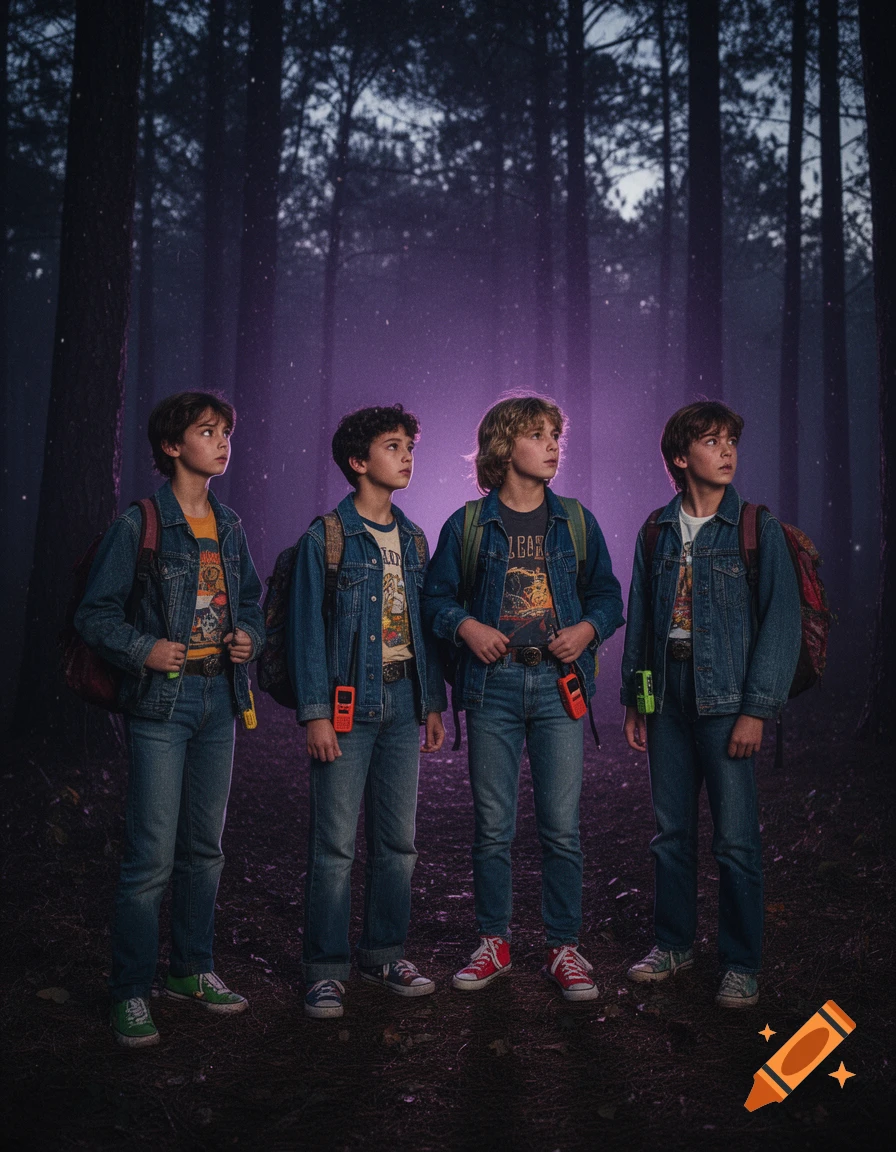 Four young boys in denim jackets and jeans, with backpacks and walkie-talkies, stand in a dark, misty forest with a purple glow, looking up intently.