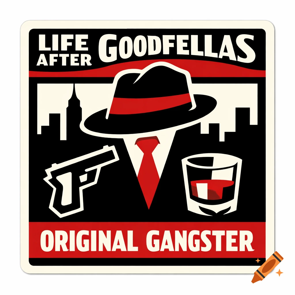 A Saul Bass style graphic with a man in a fedora, gun, and whiskey glass. Text reads 'LIFE AFTER GOODFELLAS' and 'ORIGINAL GANGSTER'.