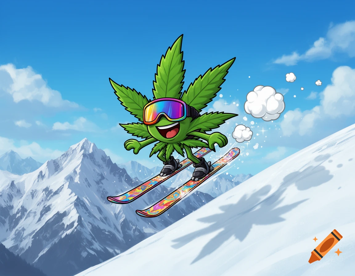 A vibrant cartoon cannabis leaf character with ski goggles and skis jumps over a snowy mountain landscape under a blue sky.