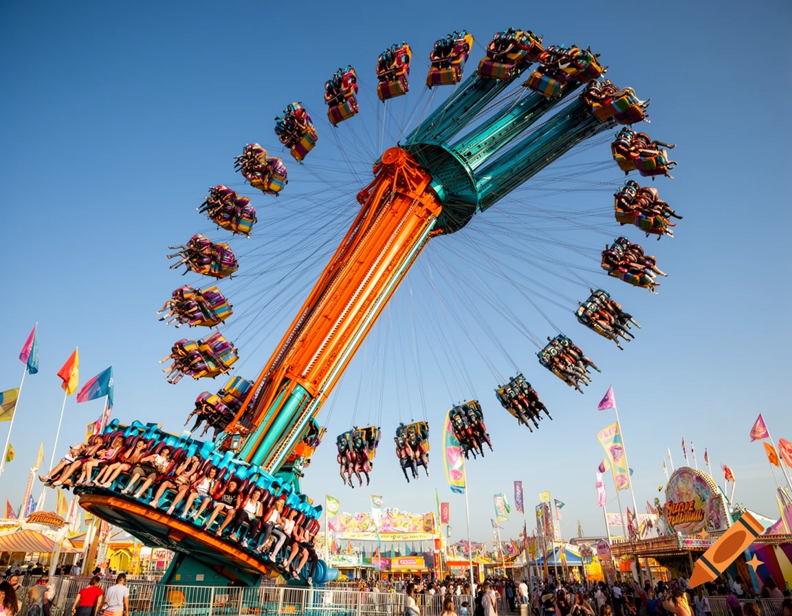 A brightly colored carnival pendulum ride swings in motion against a clear blue sky, with people on the ride and at the fairgrounds below.