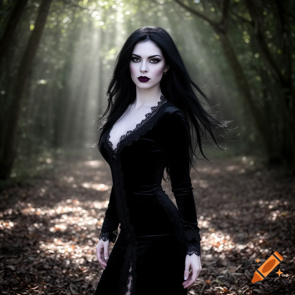 A gothic woman with long black hair, dark makeup, and a black velvet ...