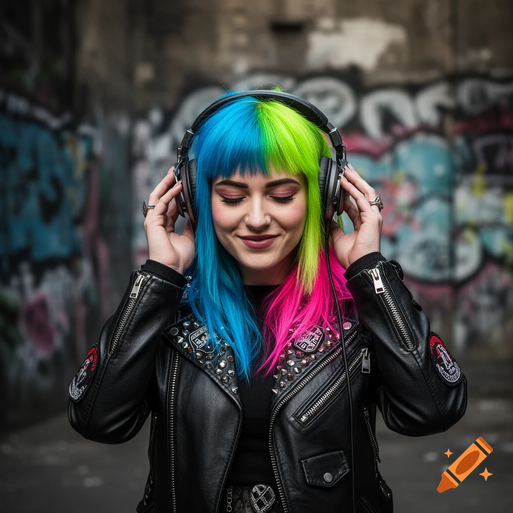 A woman with vibrant blue, green, and pink hair, wearing a studded leather jacket, smiles with eyes closed while listening to headphones in a graffiti-covered alley.