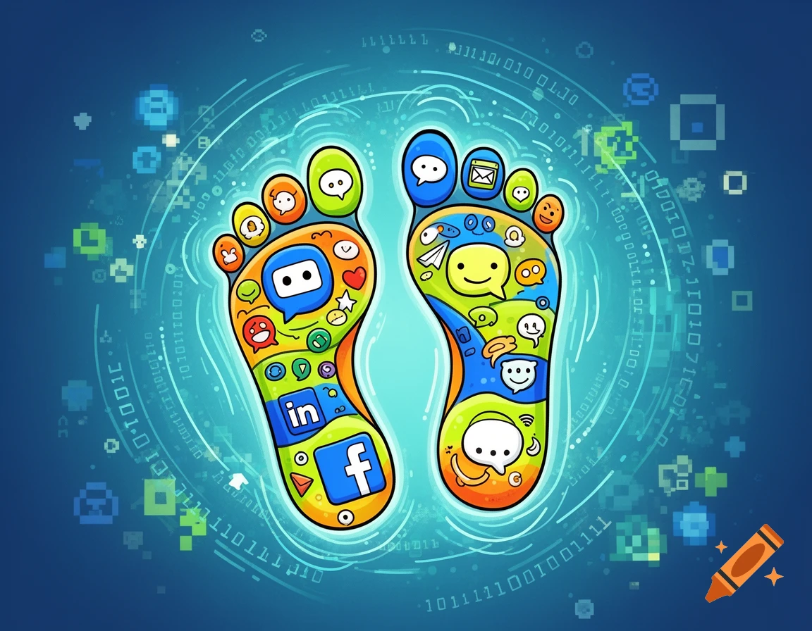 Cartoon illustration of a digital footprint, with two feet composed of various social media icons like LinkedIn and Facebook, surrounded by binary code and digital elements on a blue background.