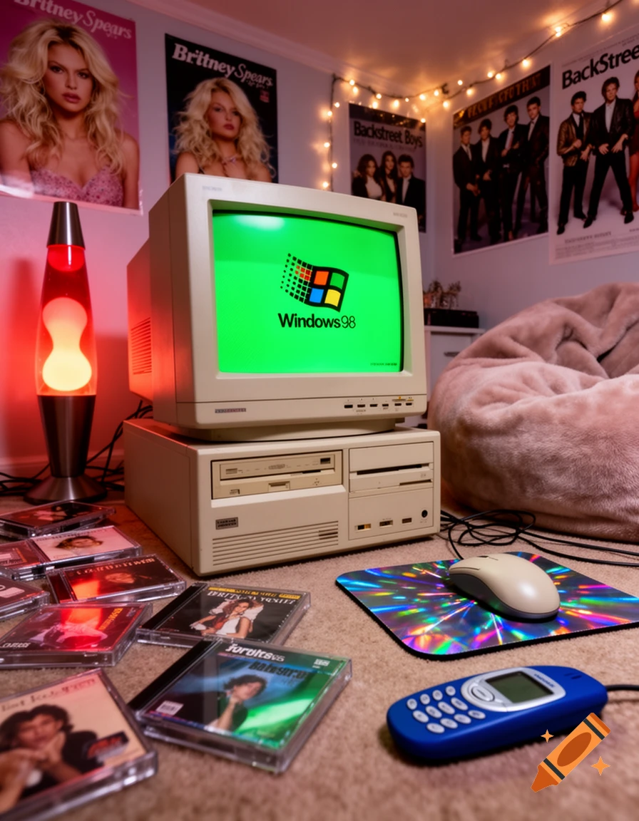 A beige desktop computer with a Windows 98 screen in a Y2K-themed room with pop star posters, a lava lamp, CDs, and a retro cell phone.