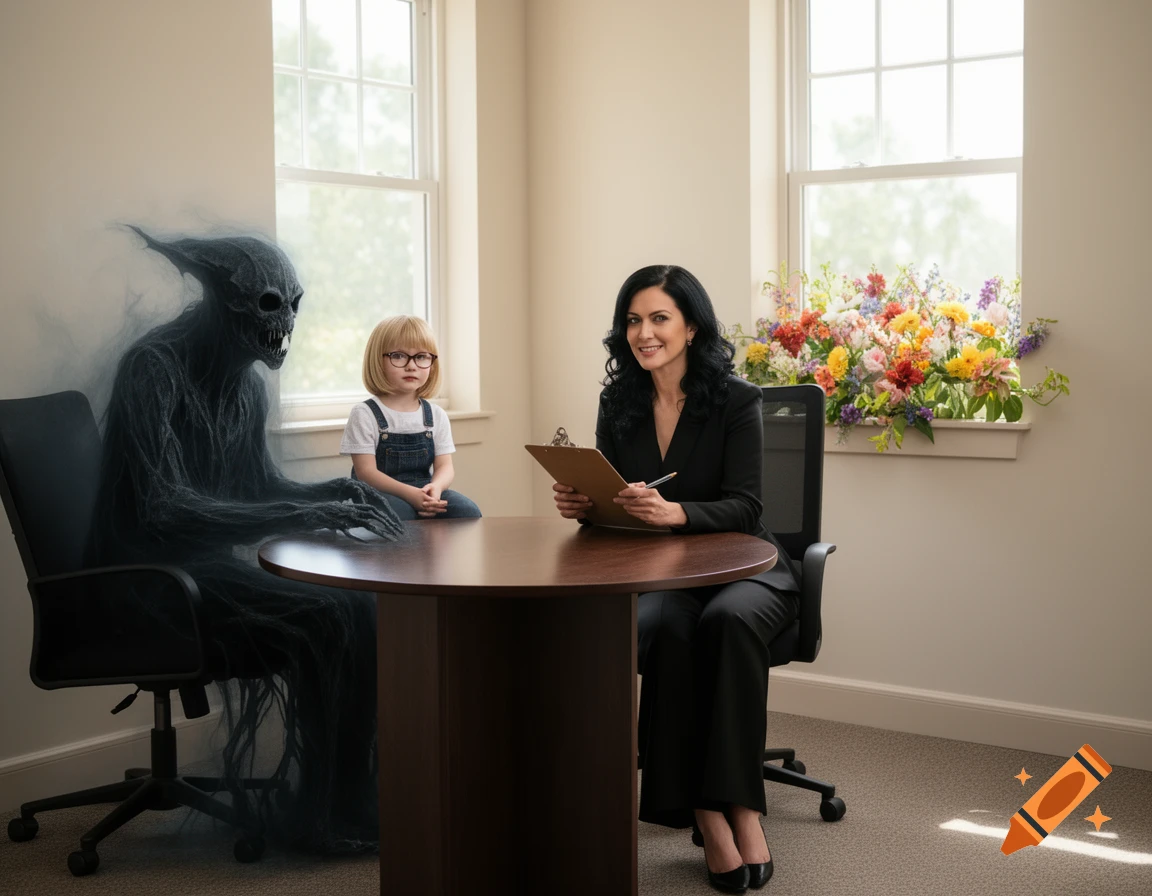 A therapist sits at a round table with a child and a shadowy, Dementor-like creature in a bright room with flowers.